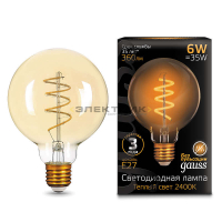 Лампа светодиодная филаментная золото FL CL G95 6Вт Е27 2400К 360Лм 95х135мм Gauss