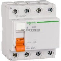 Выключатель дифференциального тока УЗО ВД63 4Р 25А 30мА тип AC Домовой Schneider Electric