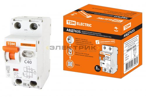 Автоматический выключатель дифференциального тока АВДТ 63S C40 300мА 6кА тип А TDM