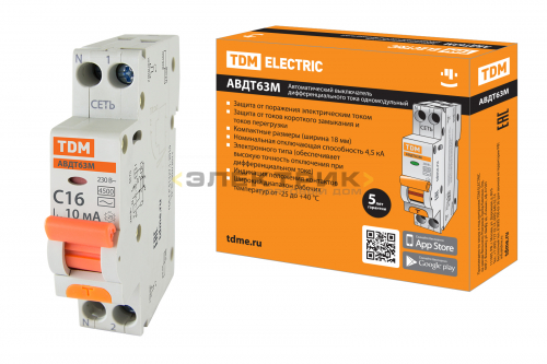 Автоматический выключатель дифференциального тока АВДТ 63М 2P(1P+N) C16 10мА 4,5кА тип АС TDM
