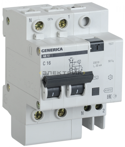 Выключатель автоматический дифференциального тока АД12 2P 50А 30мА тип AC 4.5кА хар-ка C GENERICA IE
