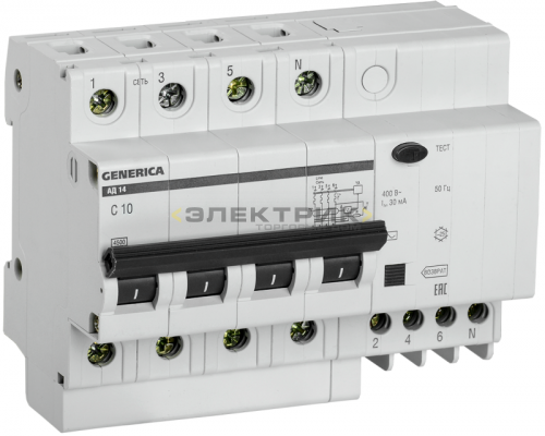 Выключатель автоматический дифференциального тока АД14 4P 10А 30мА тип AC 4.5кА хар-ка C GENERICA IE