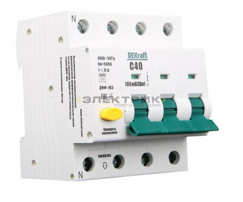 Выключатель автоматический дифференциального тока ДИФ-103 3Р+N 40А 100мА тип A 6кА хар-ка С DEKraft