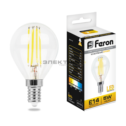 Лампа светодиодная филаментная LB-61 FL CL G45 5Вт Е14 2700К 530Лм 45х74мм FERON