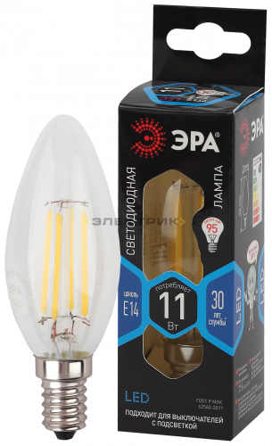 Лампа светодиодная филаментная F-LED FL CL С35 11Вт Е14 4000К 1430Лм 35х100мм ЭРА