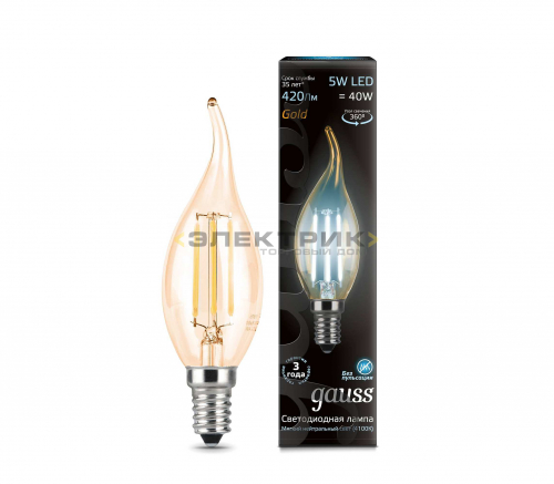 Лампа светодиодная филаментная золото FL CL CW35 5Вт Е14 4100К 420Лм 35х122мм Gauss
