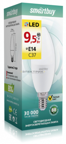 Лампа светодиодная FR С37 9.5Вт Е14 3000К 760Лм 37х110мм Smartbuy