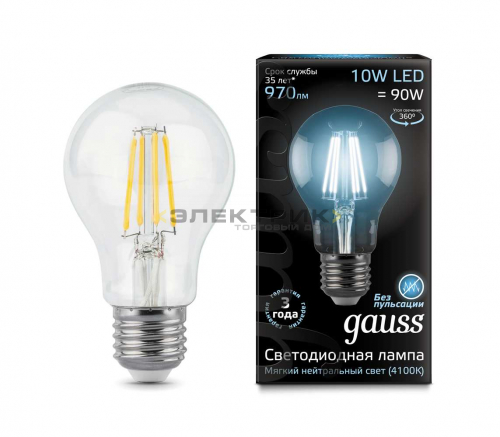 Лампа светодиодная филаментная FL CL А60 10Вт Е27 4100К 970Лм 60х105мм Gauss