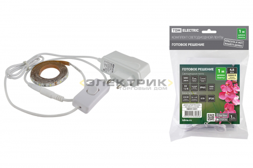 Комплект светодиодной ленты тепло-белый 4.8Вт/м 3000К 12В 60LED/м SMD2835 IP65 (1м) 6Вт TDM