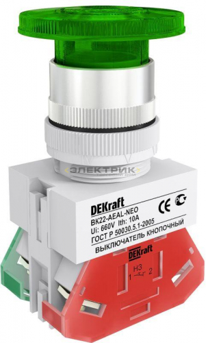 Выключатель кнопочный грибок с фиксацией AEAL 22мм зелёный DEKraft