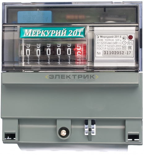 Счетчик однофазный однотарифный на DIN-рейку 5-80А Меркурий 201.6 Инкотекс