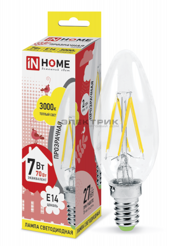 Лампа светодиодная филаментная FL CL С35 7Вт Е14 3000К 810Лм 35х100мм IN HOME