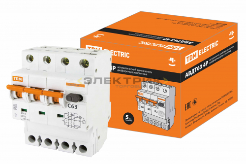 Автоматический выключатель дифференциального тока АВДТ 63 4P(3Р+N) C63 100мА 6кА тип А TDM