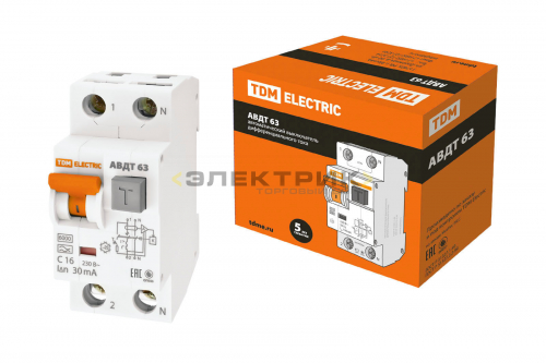 Автоматический выключатель дифференциального тока АВДТ 63 2Р(1Р+N) C16 30мА 6кА тип А TDM