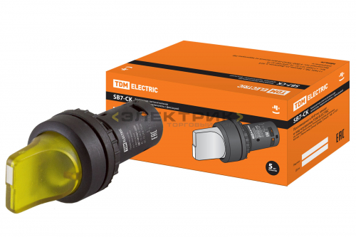 Переключатель на 2 положения с фиксацией SB7-CK2561-220V LED короткая ручка d22мм 1з желтый (кратно 