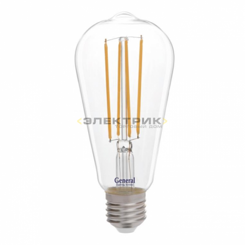 Лампа светодиодная филаментная FL CL ST64 10Вт Е27 2700К 870Лм 64x140мм GENERAL