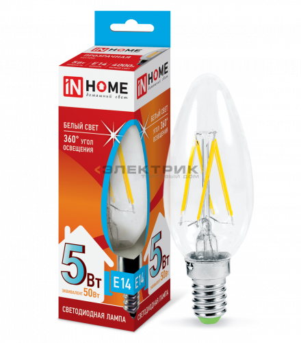 Лампа светодиодная филаментная FL CL С35 5Вт Е14 4000К 450Лм 35х107мм IN HOME
