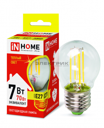 Лампа светодиодная филаментная FL CL G45 7Вт Е27 3000К 630Лм 45х78мм IN HOME