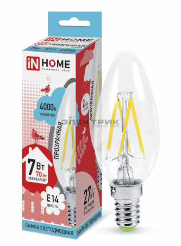 Лампа светодиодная филаментная FL CL С35 7Вт Е14 4000К 810Лм 35х100мм IN HOME