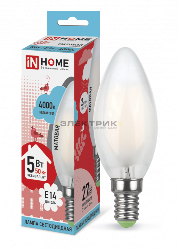 Лампа светодиодная филаментная FL FR С35 5Вт Е14 4000К 450Лм 35х107мм IN HOME