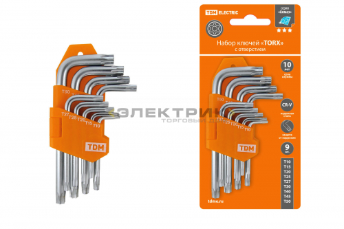 Набор ключей "TORX" с отверстием 9шт Т10-Т50 держатель в блистере CR-V сталь "Алмаз" TDM