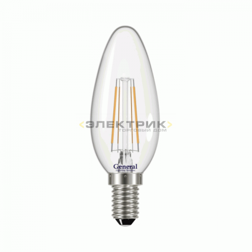 Лампа светодиодная филаментная диммируемая FL CL C37 8Вт Е14 4500К 570Лм 35х98мм GENERAL