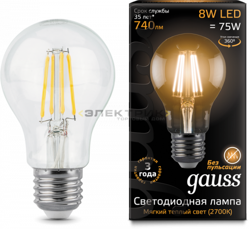 Лампа светодиодная филаментная FL CL А60 8Вт Е27 2700К 740Лм 60х105мм Gauss