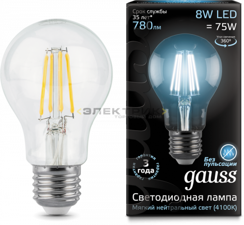 Лампа светодиодная филаментная FL CL А60 8Вт Е27 4100К 780Лм 60х105мм Gauss