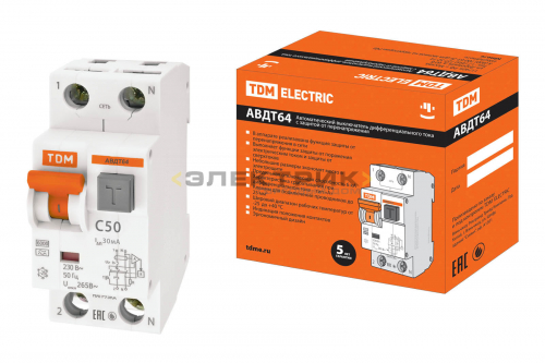 Автоматический выключатель дифференциального тока АВДТ64 2Р(1Р+N) C50 30мА 6кА тип А защита 265В TDM