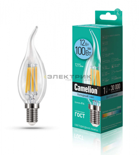 Лампа светодиодная филаментная CL FL CW35 12Вт Е14 4500К 1215Лм 35х96мм Camelion