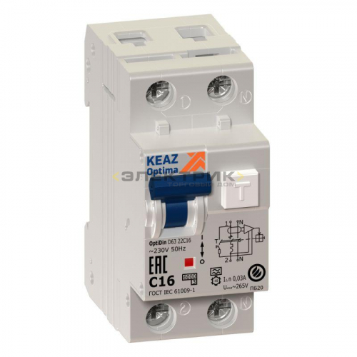 Автоматический выключатель дифференциального тока D63 2Р (1P+N) 25А 10мА 6кА тип A хар-ка C OptiDin 